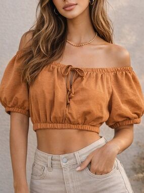 OAK + FORT Off Shoulder Coquette Poetcore Crop Summer Top Earthy Boho Festival
